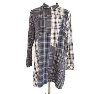 J.Jill Long Multi Plaid Button Down Blouse Tan Black White Size Medium Petite